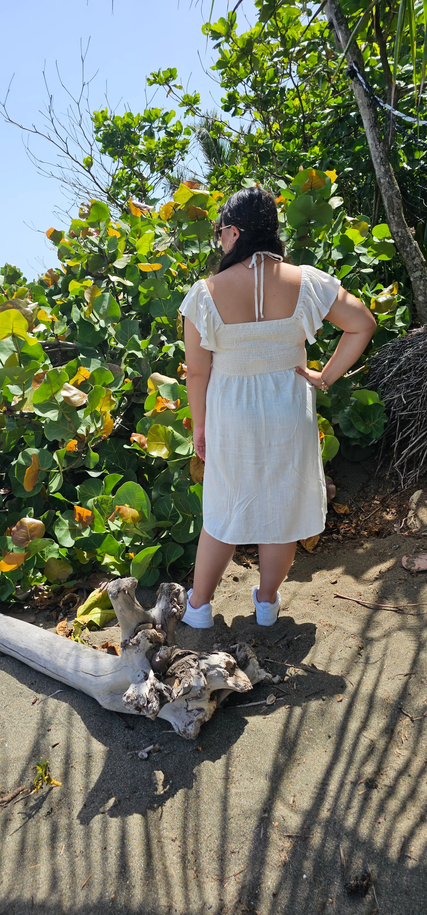 Keyhole neck strap ruffle sleeve dress