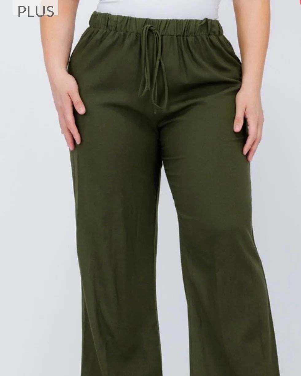Plus size Linen elastic waist wide leg pant