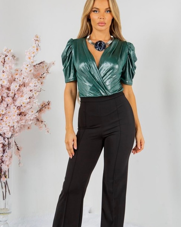 Color green/black Jumpsuit, puff sleeve Hight waisted wide leg