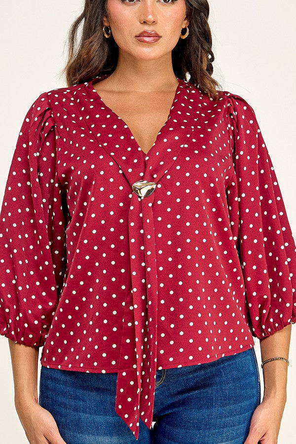 Balloon 3/4 Sleeve Neck Scarf Detail Top