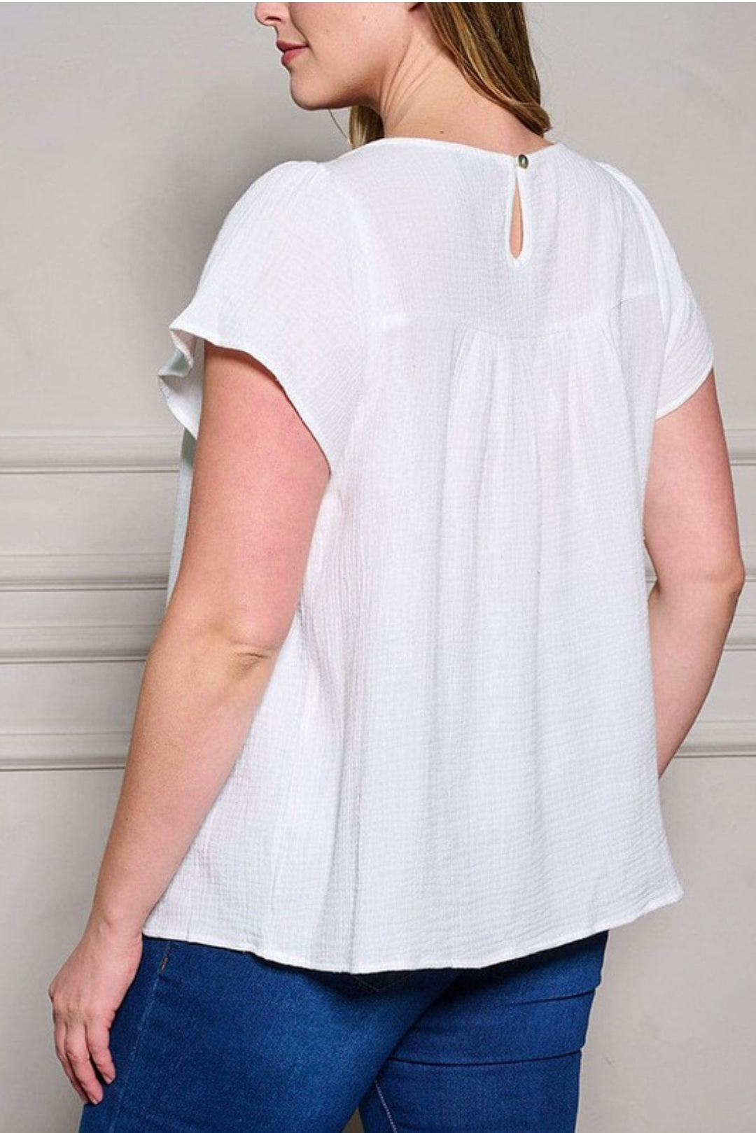 Short sleeve square neck tunic trim detailed top