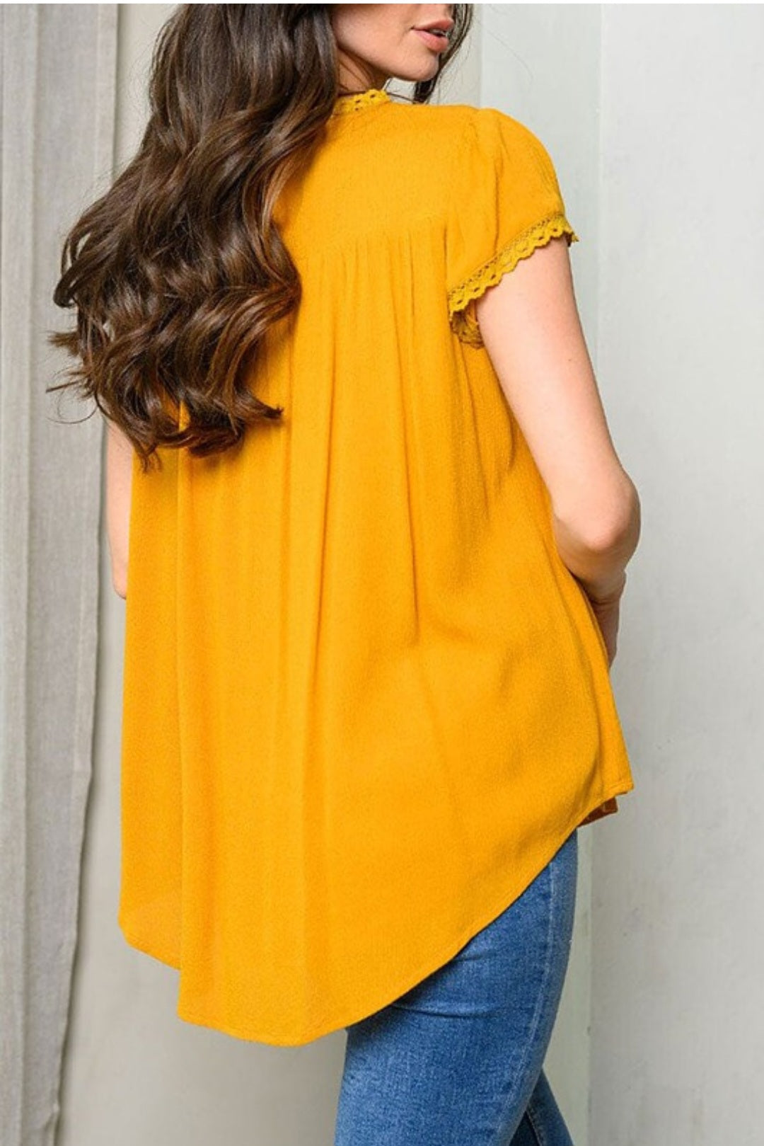 Embroidered Yoke Lace Trim Blouse Top