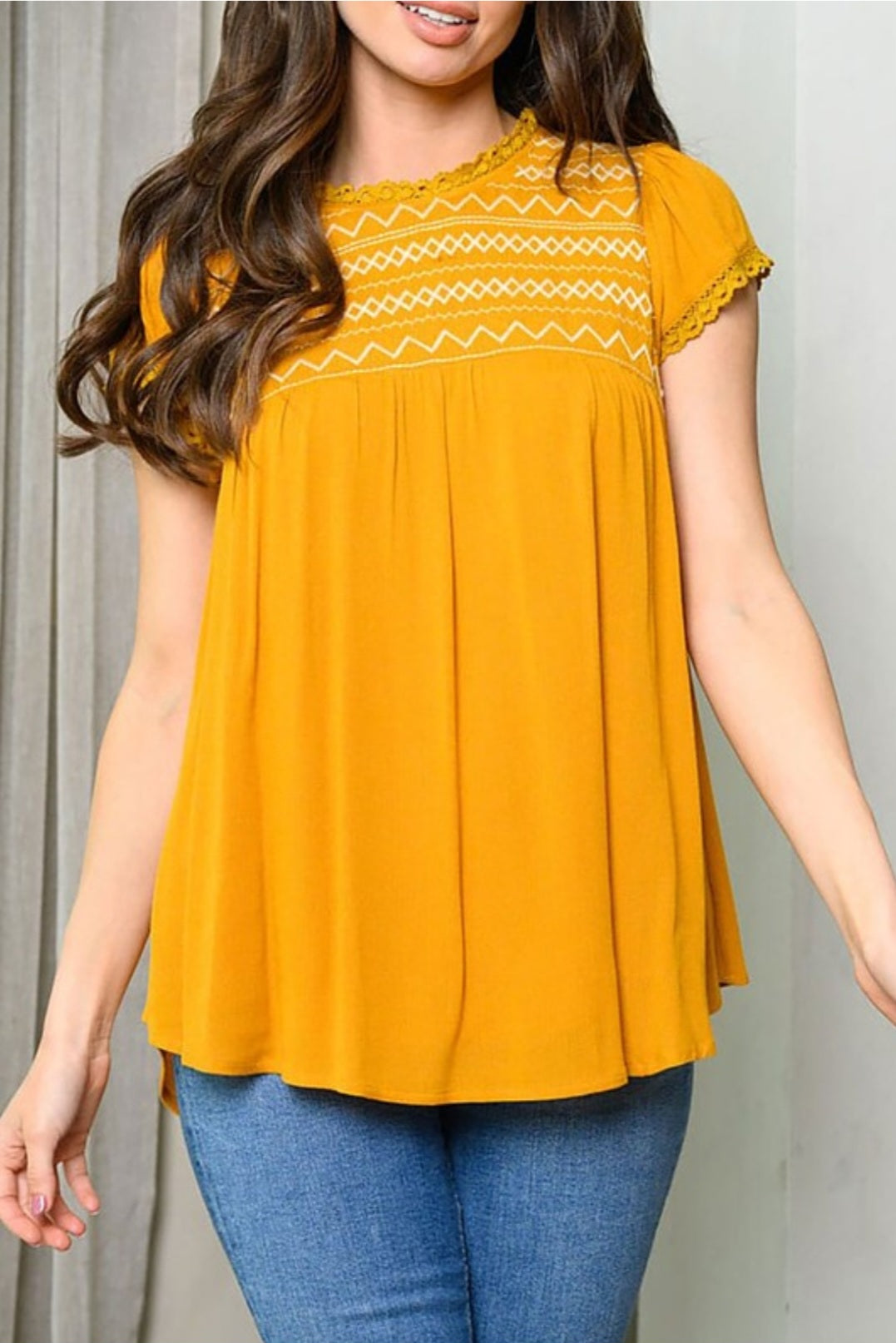 Embroidered Yoke Lace Trim Blouse Top