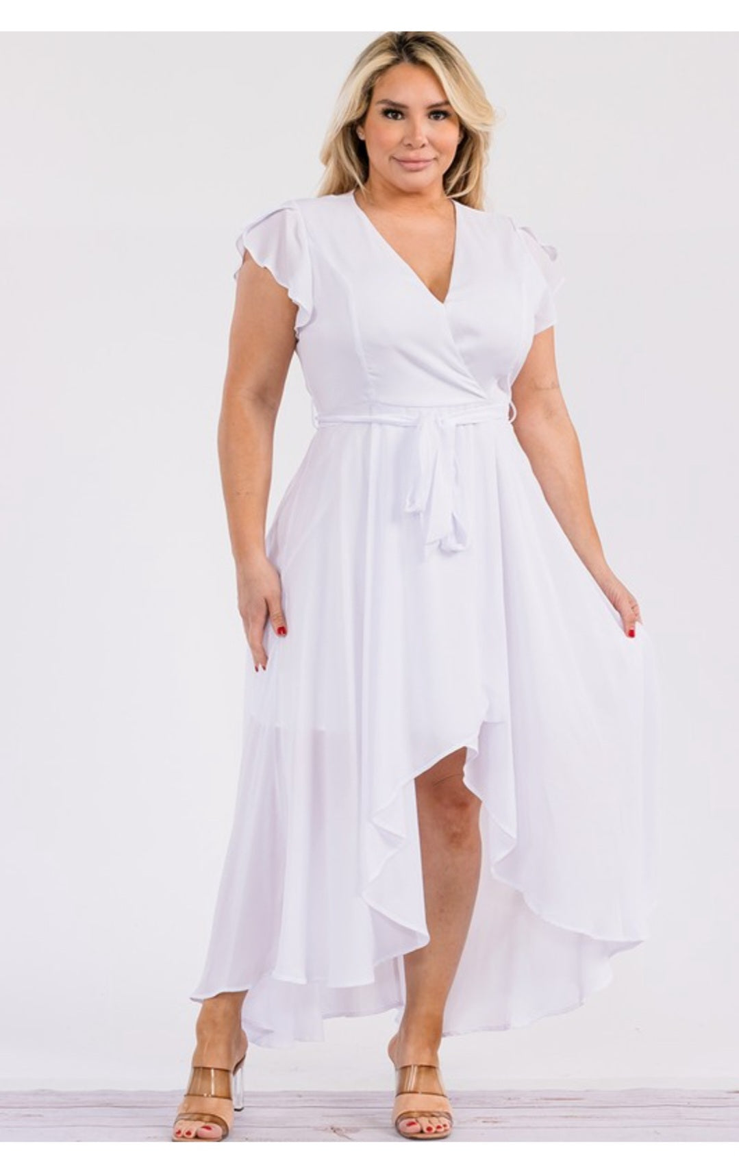 Junior plus surplice faux wrap maxi dress