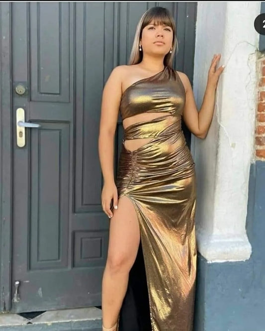 One shoulder metallic dress, gold/ silver