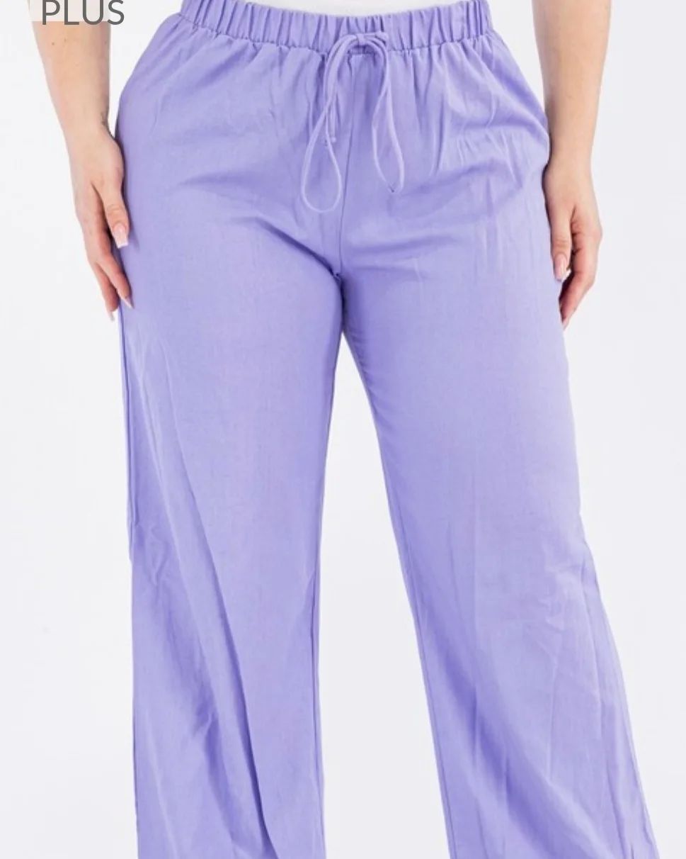 Plus size Linen elastic waist wide leg pant