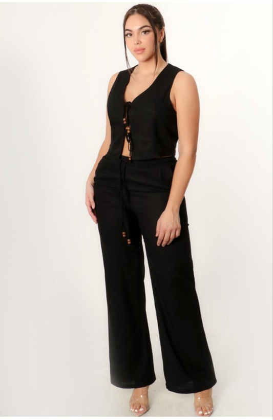 LINEN DRAWSTRING VEST AND WIDE LEG PANT SET