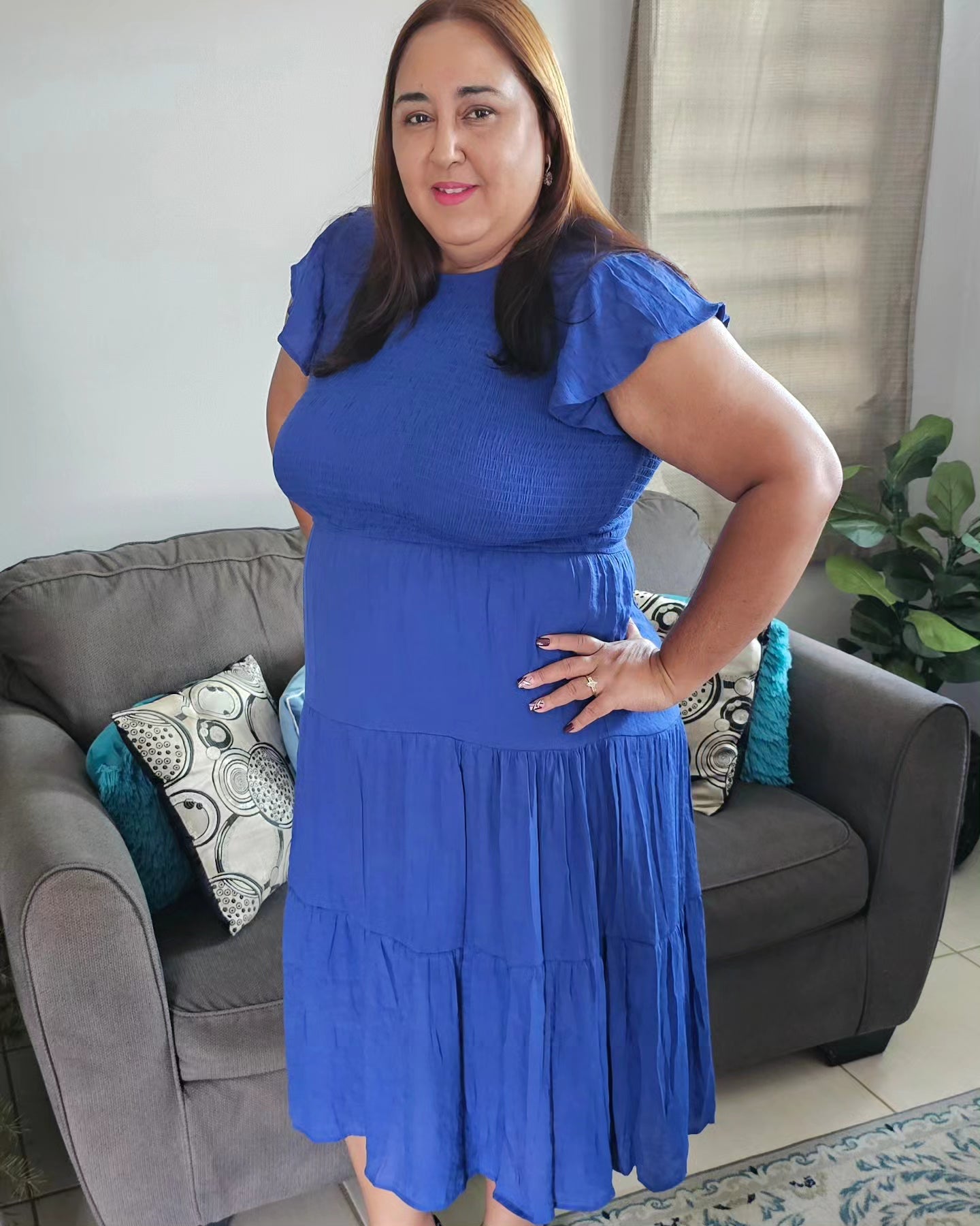 Plus size smocked ruffle tiered midi dress