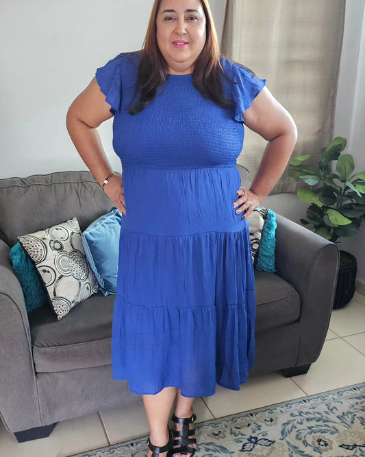 Plus size smocked ruffle tiered midi dress