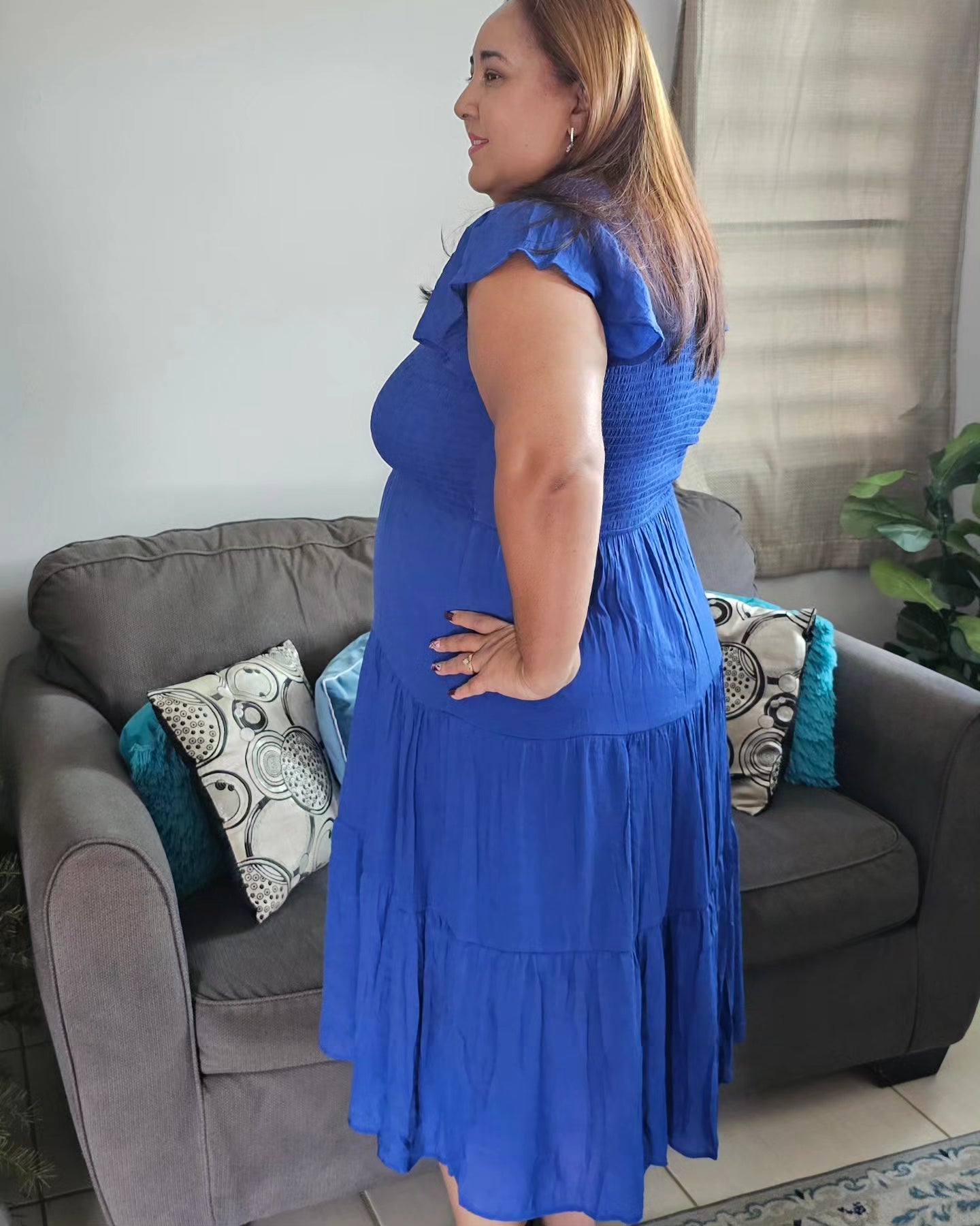 Plus size smocked ruffle tiered midi dress