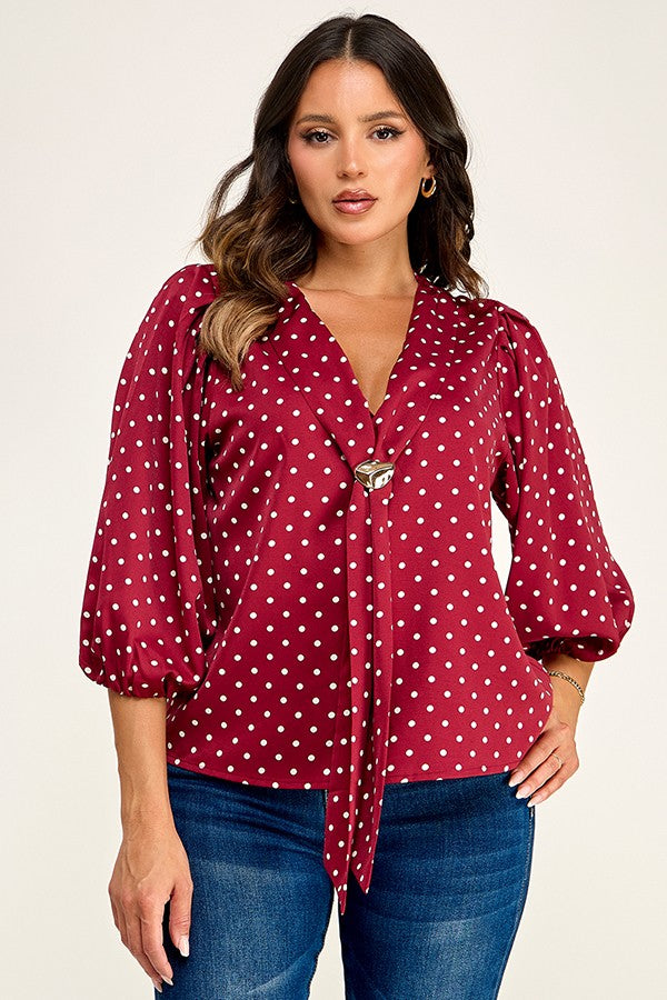 Balloon 3/4 Sleeve Neck Scarf Detail Top