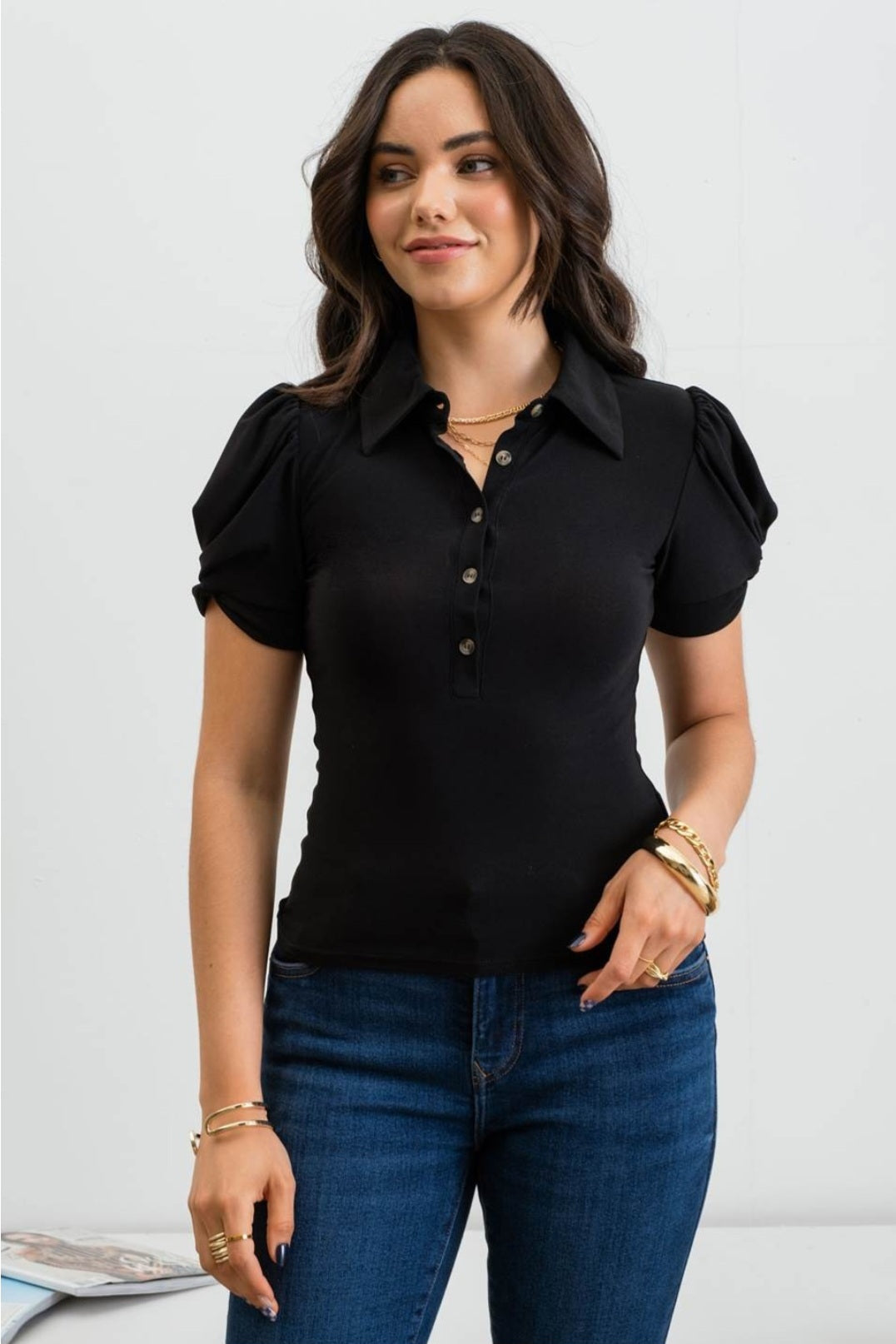 Collared twist sleeve woven top