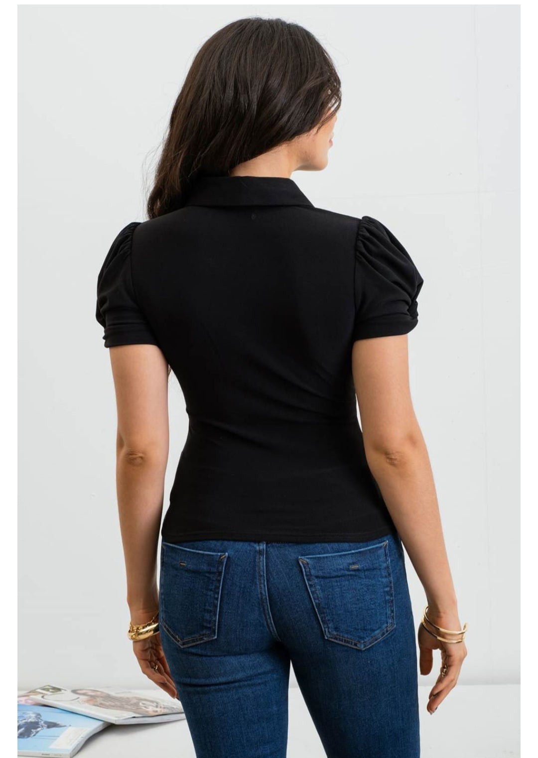 Collared twist sleeve woven top