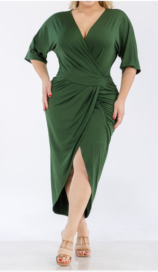 V Neck Venetian Ruched Bodycon Dress