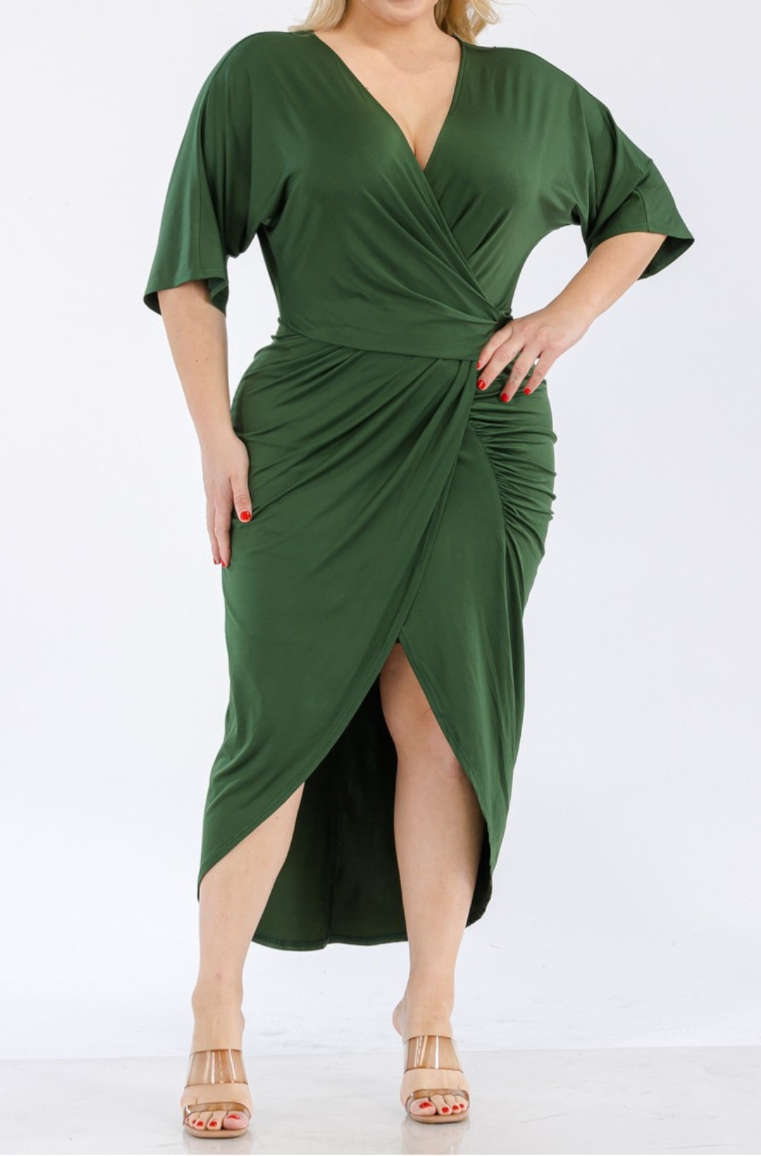 V Neck Venetian Ruched Bodycon Dress