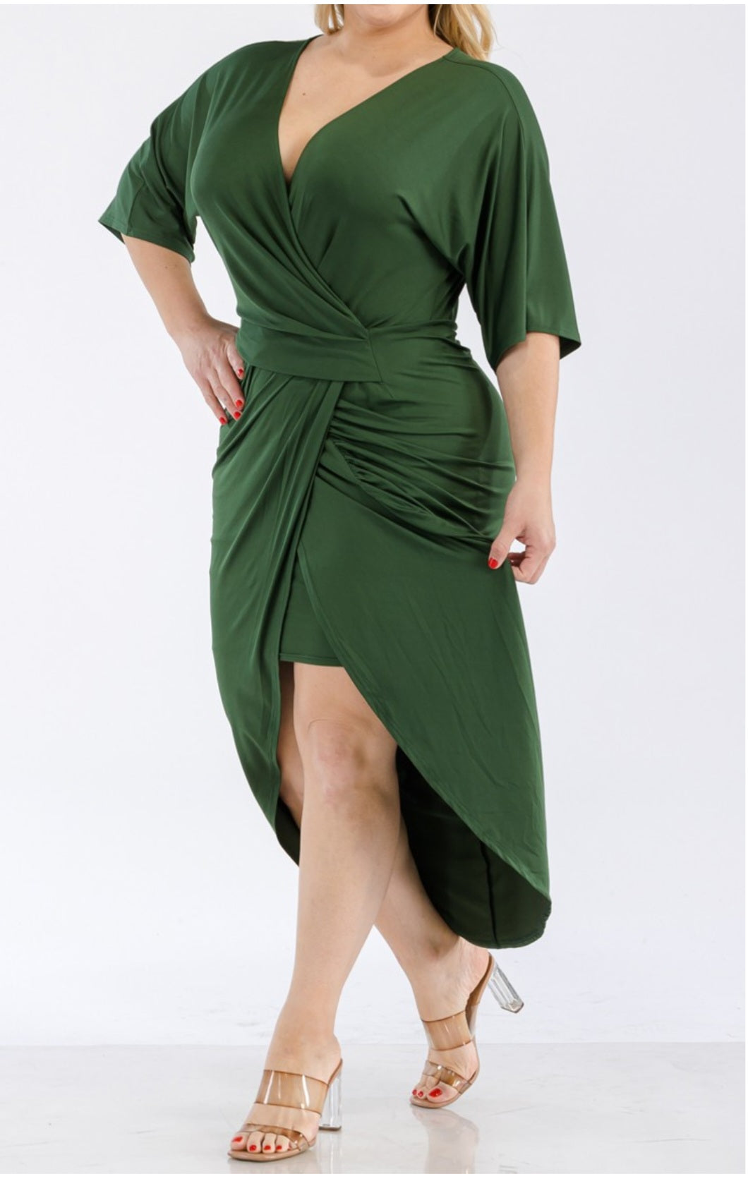 V Neck Venetian Ruched Bodycon Dress