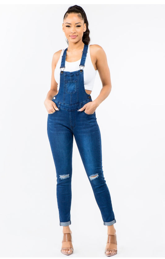 Knee destroyed basic denim overall