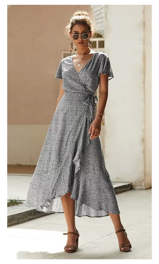 Floral print bohemian waist tied dress
