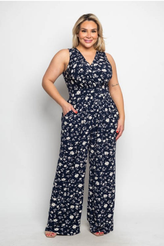 Plus size print sleeveless Wide leg jumpsuit