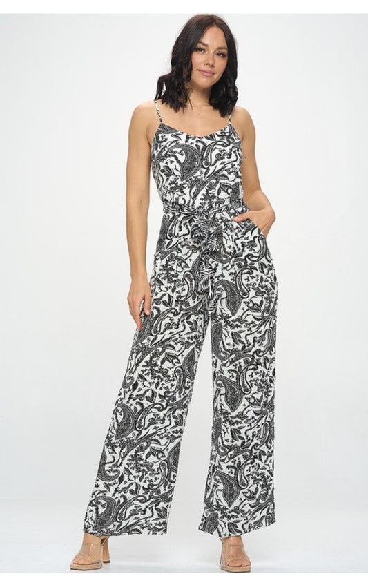Paisley print jumpsuit with smocked back panel