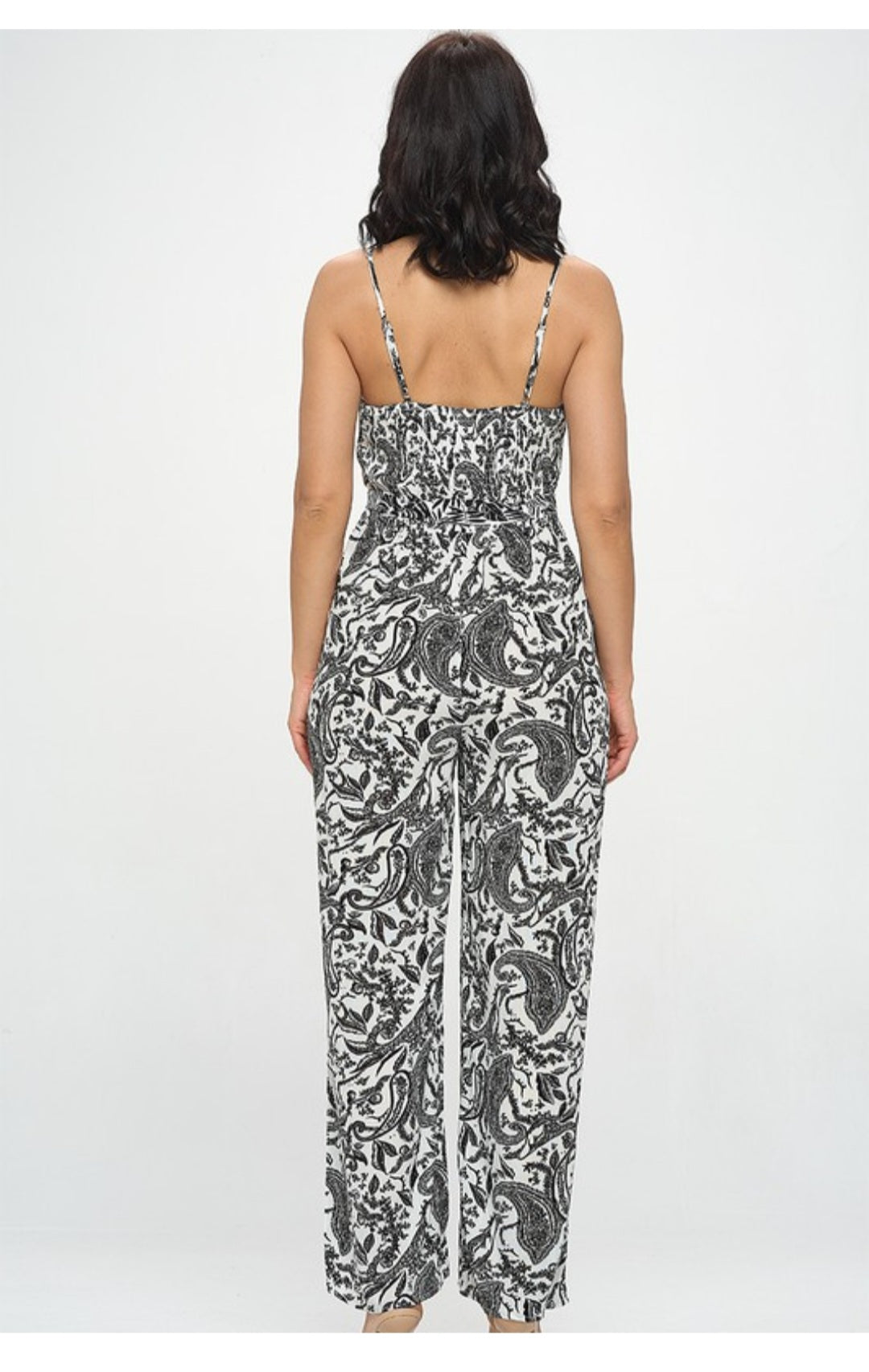 Paisley print jumpsuit with smocked back panel