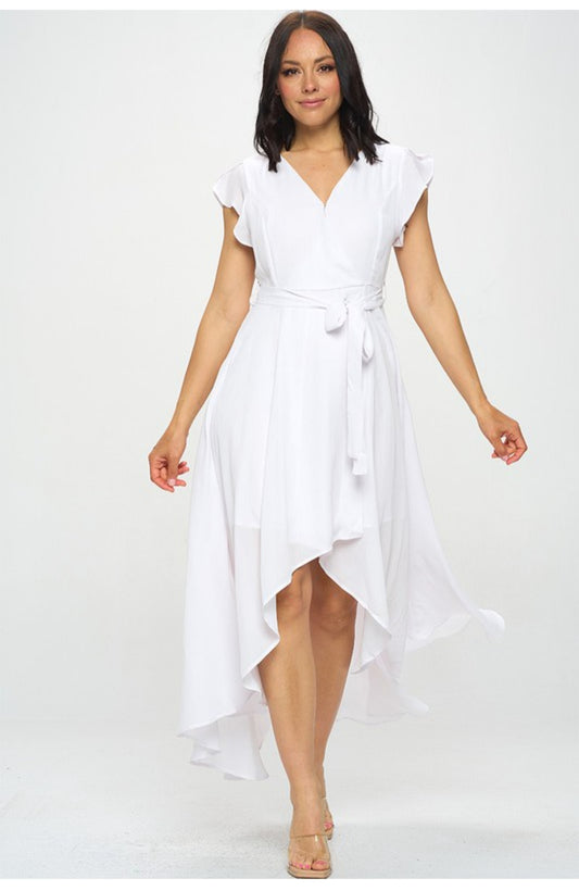 Solid Flutter sleeve faux-wrap maxi dress