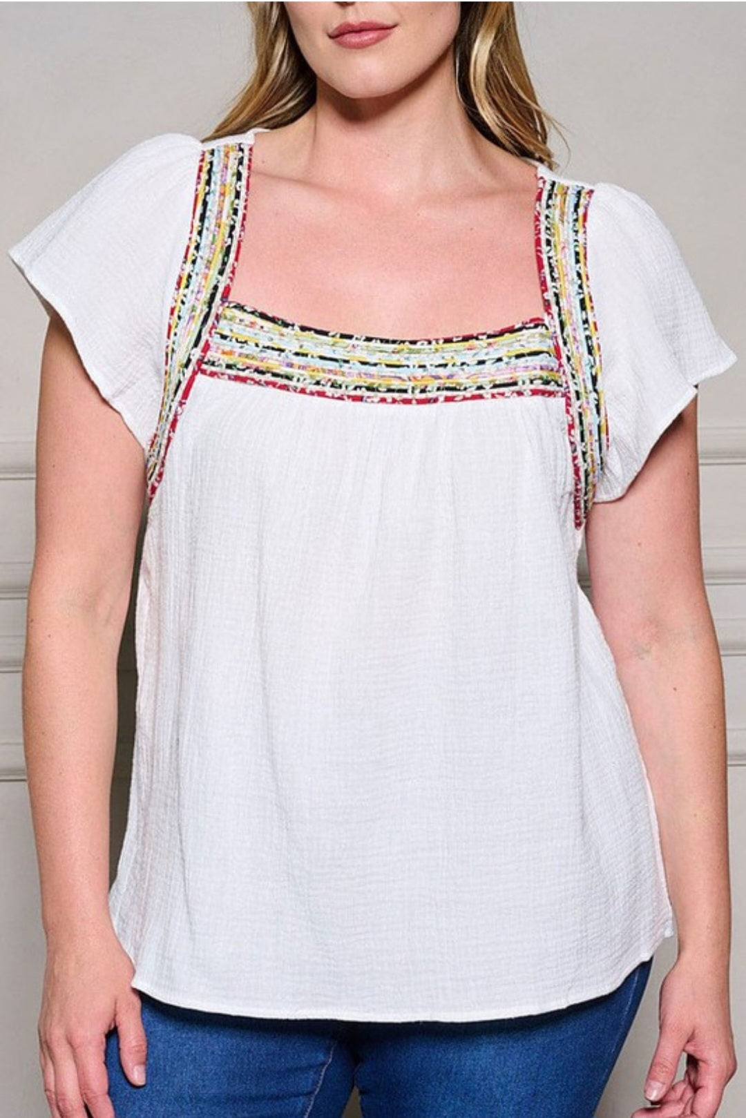 Short sleeve square neck tunic trim detailed top