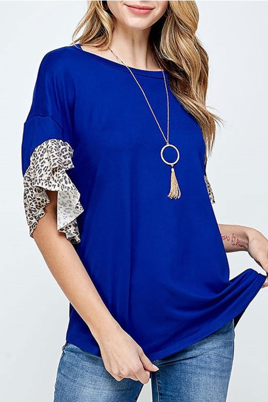 Animal print ruffle detail sleeve color block top