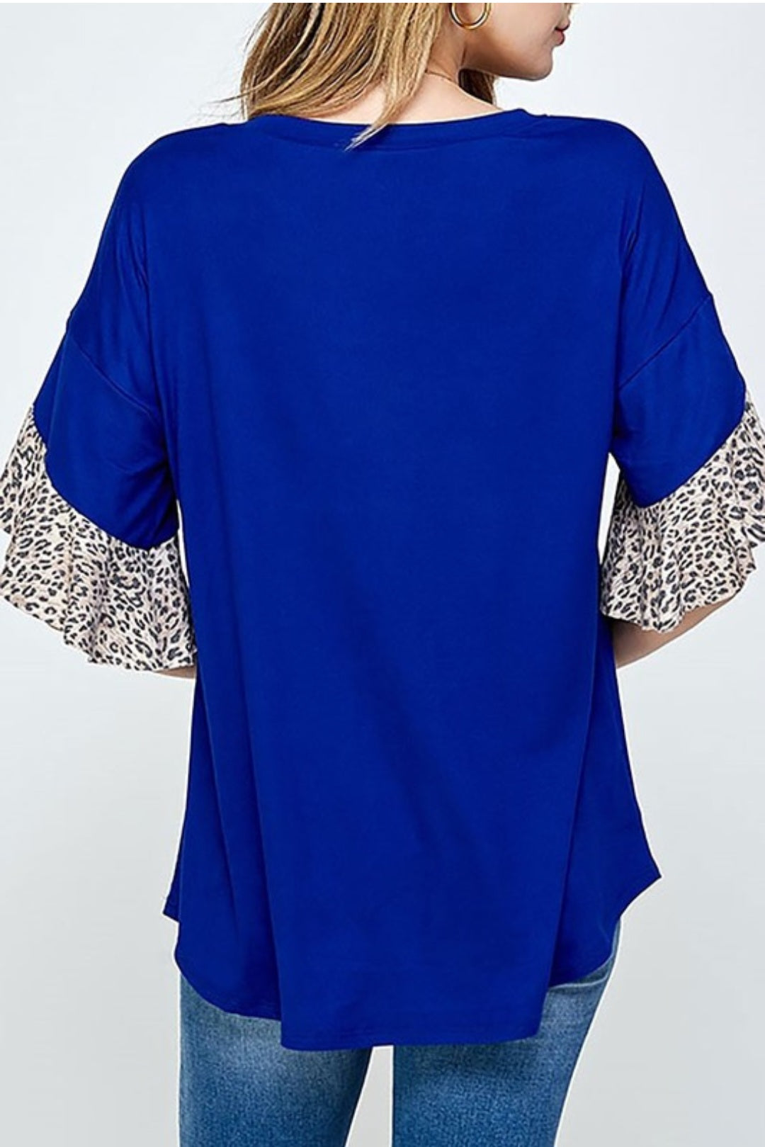 Animal print ruffle detail sleeve color block top
