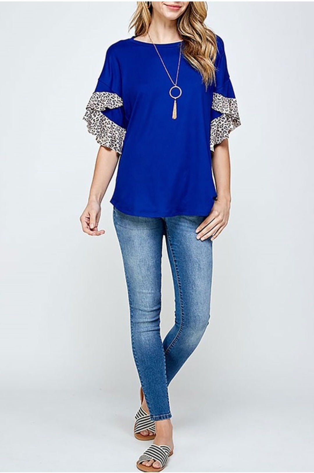 Animal print ruffle detail sleeve color block top