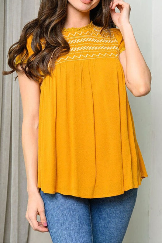 Embroidered Yoke Lace Trim Blouse Top