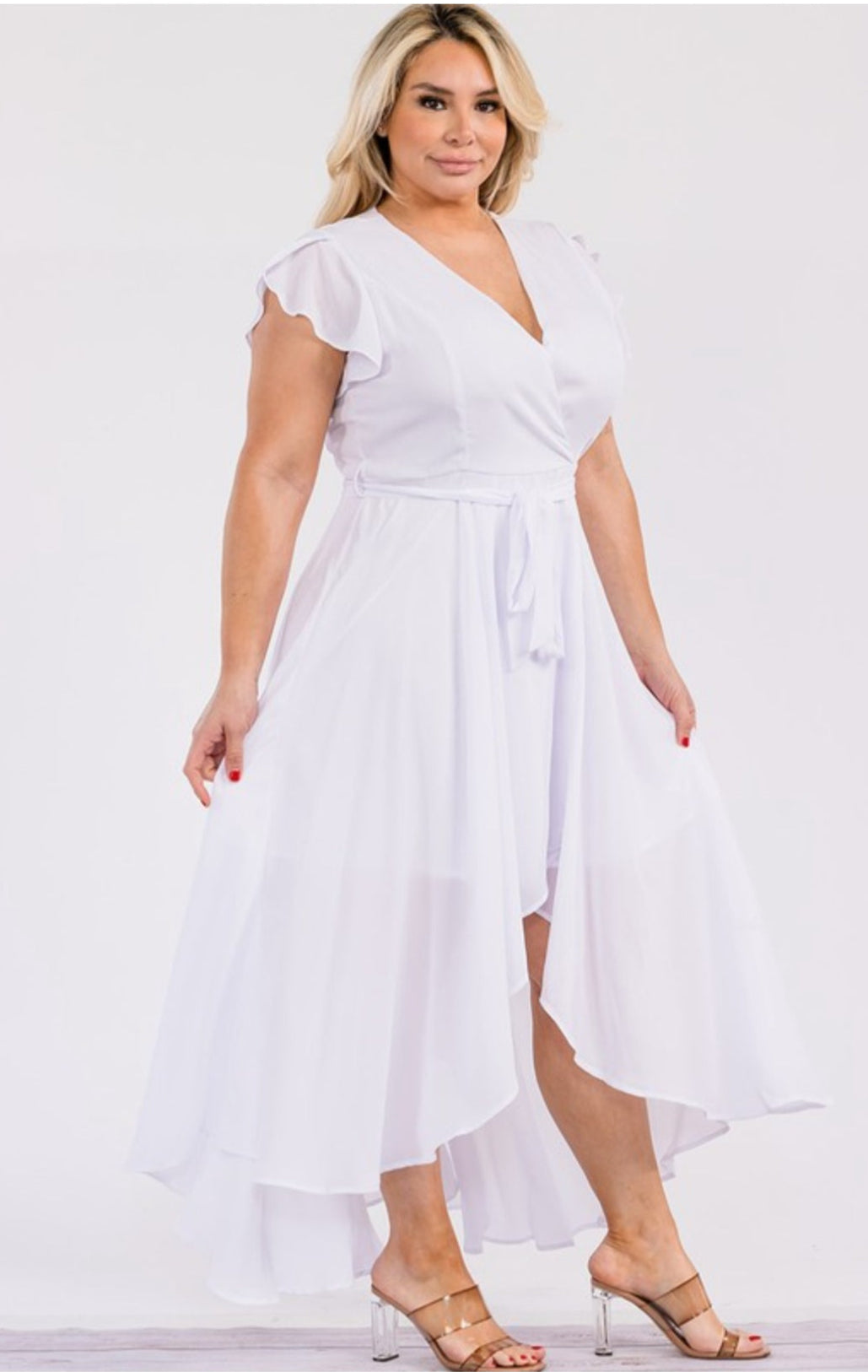 Junior plus surplice faux wrap maxi dress