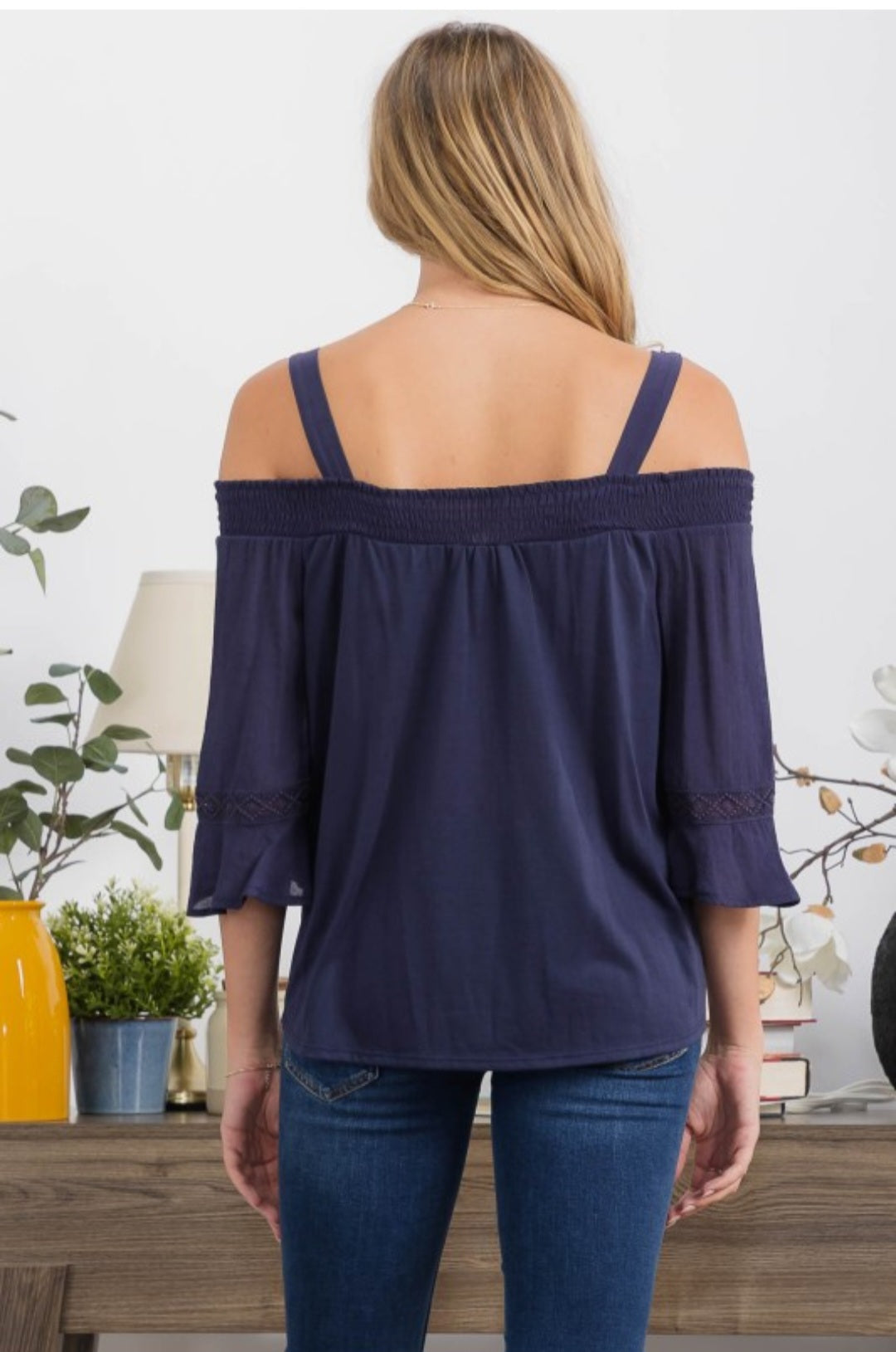 Papaya Gauze Smocking Detail Bell Sleeve Off Shoul