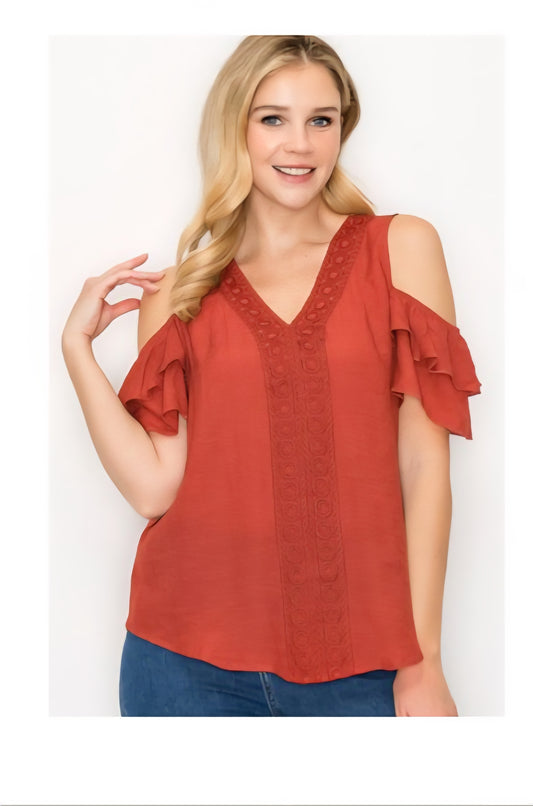 Crochet Front Ruffle Sleeve Cold Shoulder Blouse
