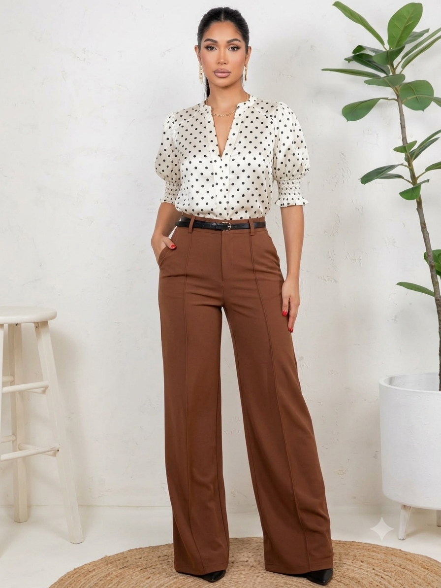 Short Puff Sleeves Dot Print Satin Blouse Top