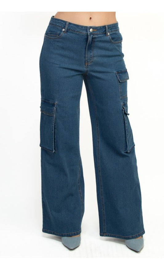 Mid-Rise cargo denim pants
