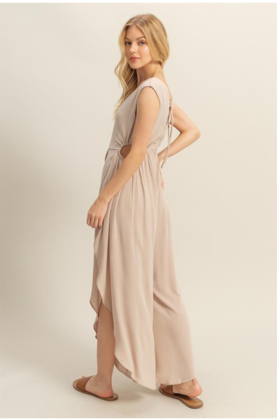 V- neck side cutout Hem jumpsuit