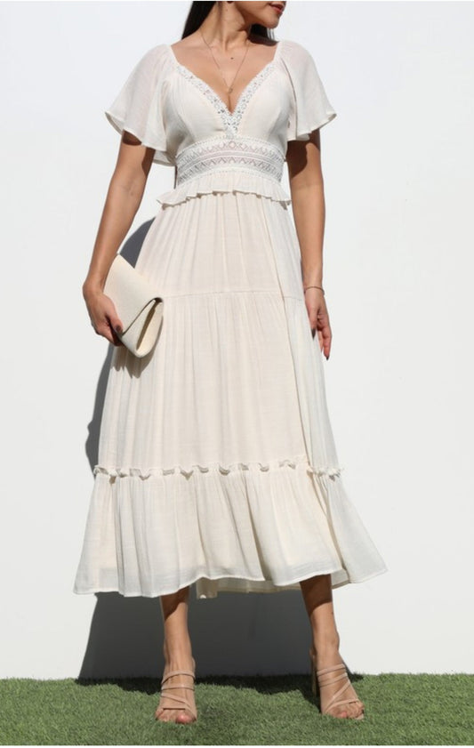 V Neck Woven Lace Midi Dress