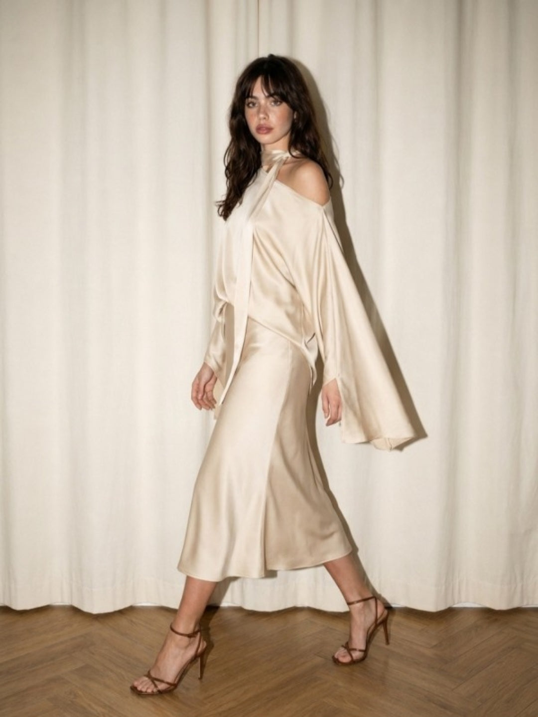 Satin Scarf Neck Asymmetrical Midi Dress