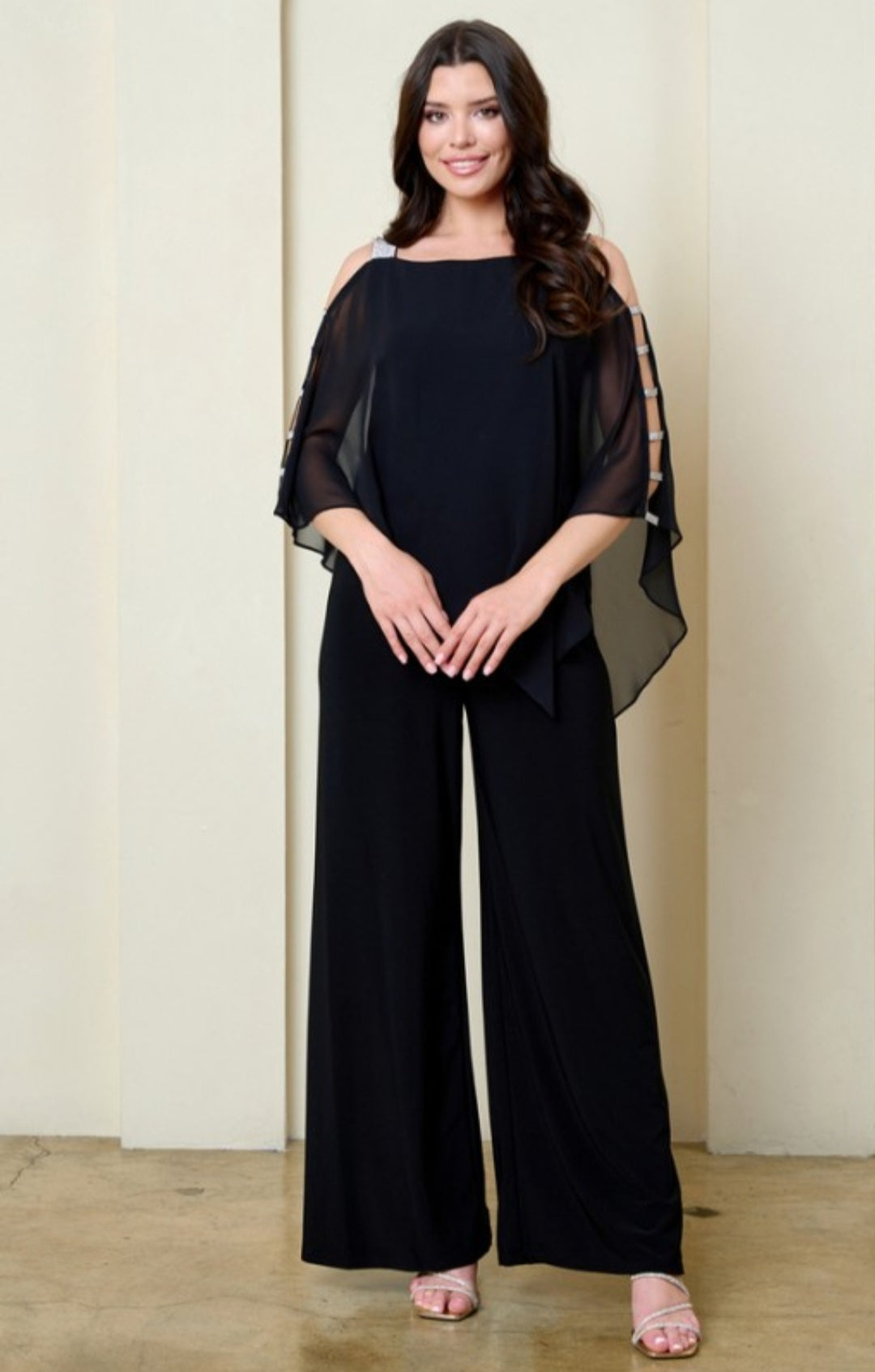 Strech Jersey Jumpsuit w/ Chiffon Cape Overday