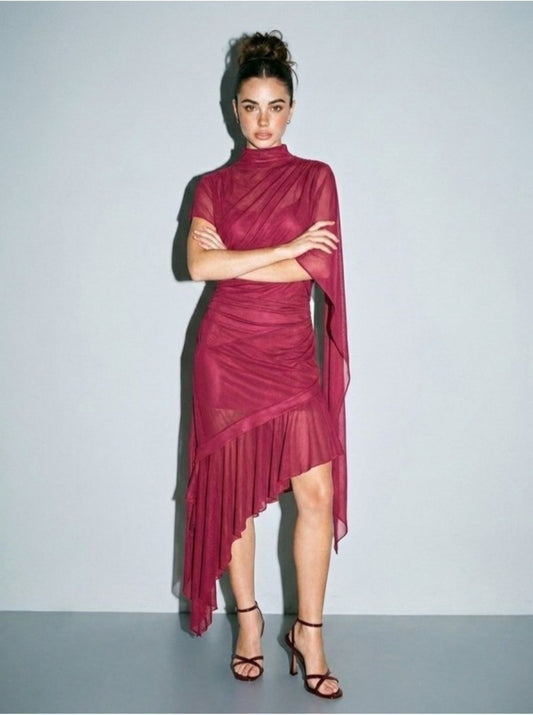Sheer Asymmetrical Knit Dress With Lining