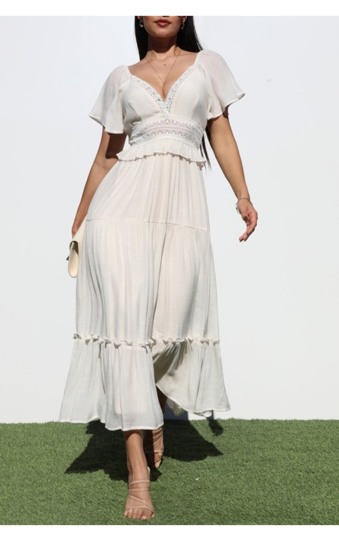 V Neck Woven Lace Midi Dress